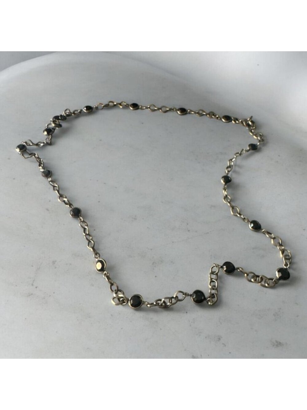 Black Stone Long Chain Necklace With Silver Links